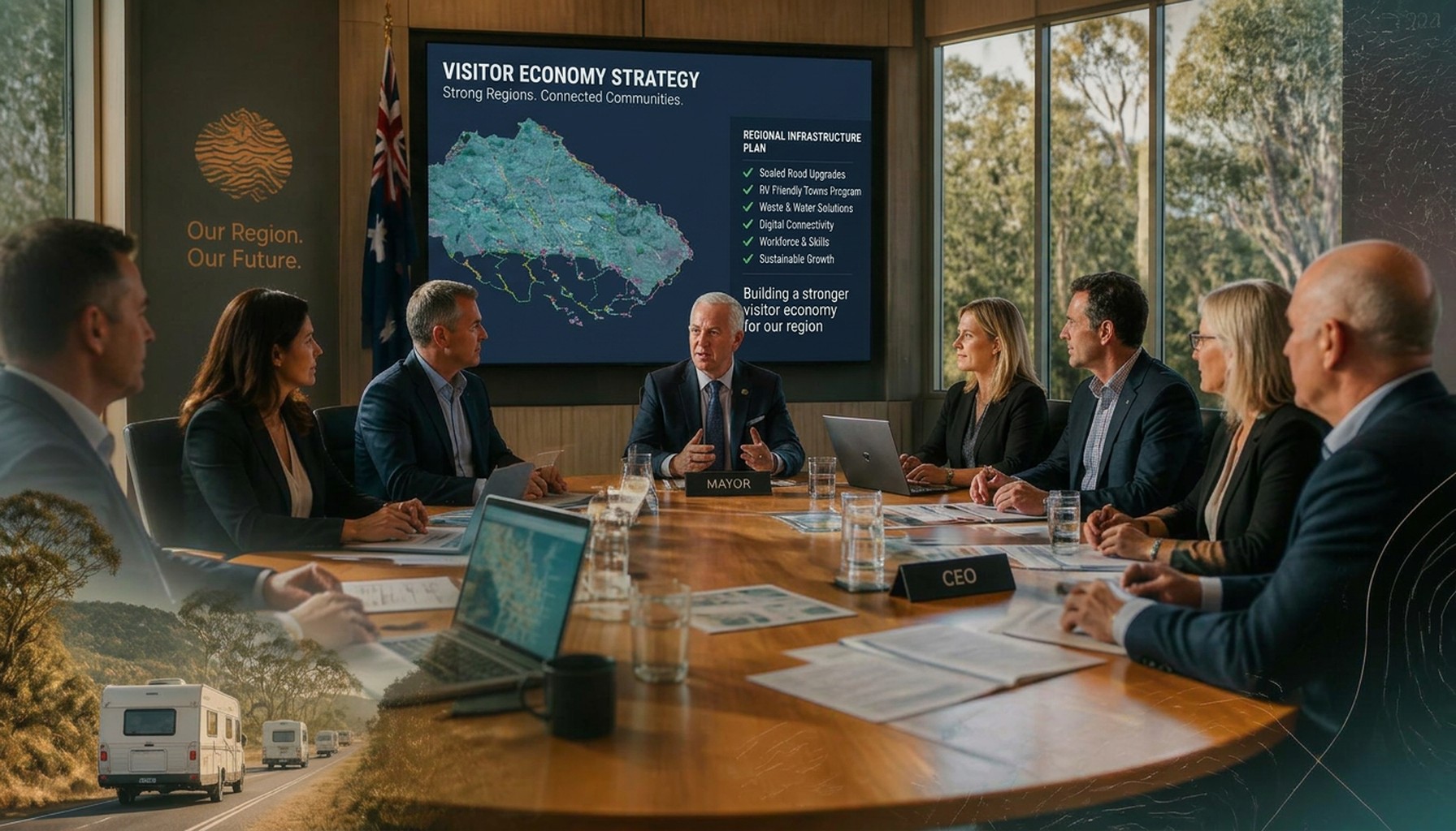 A regional Australian council meeting with the Mayor, CEO and executive team reviewing visitor economy and regional infrastructure plans